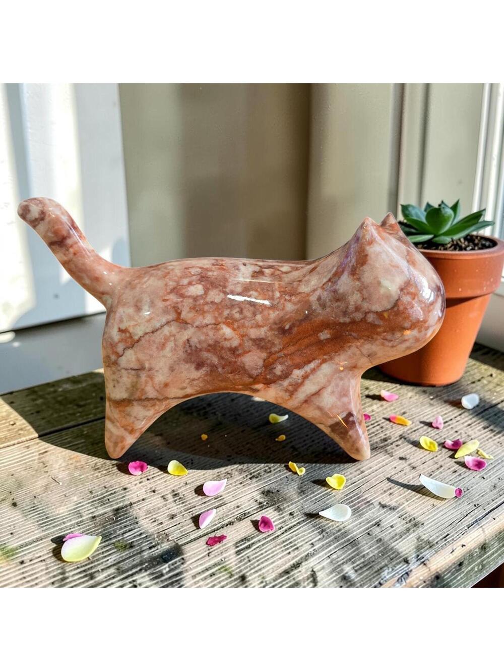 A252. Large Pink Petal Agate Cat - Natural Crystal - Display Piece